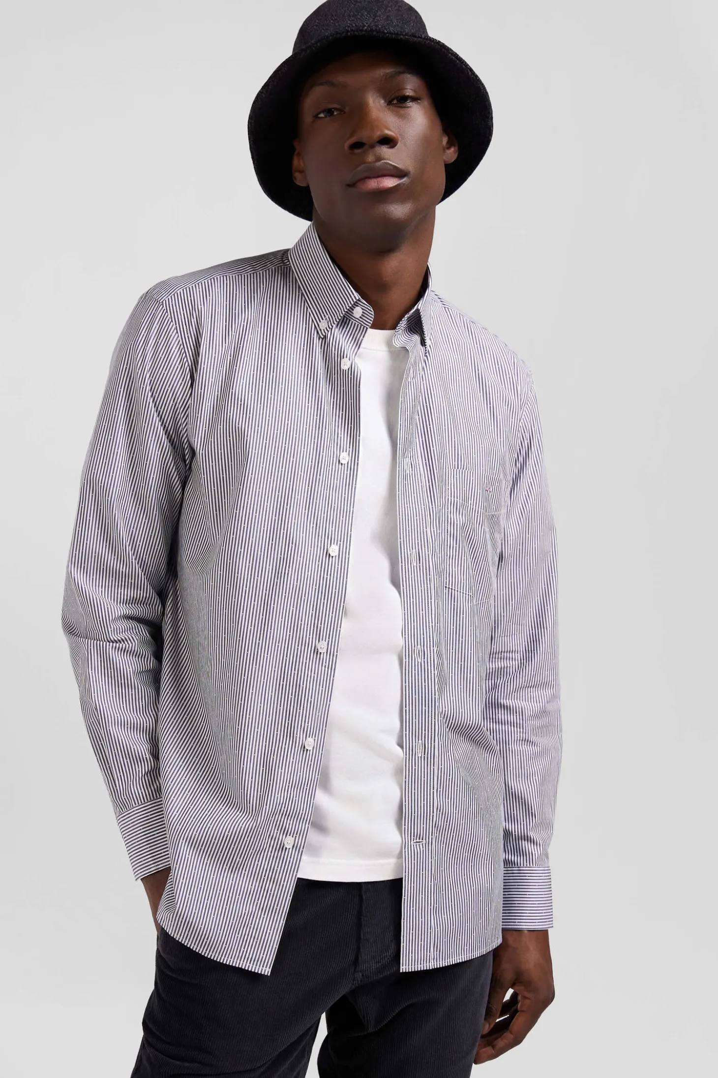 Regular navy blue striped cotton jacquard shirt