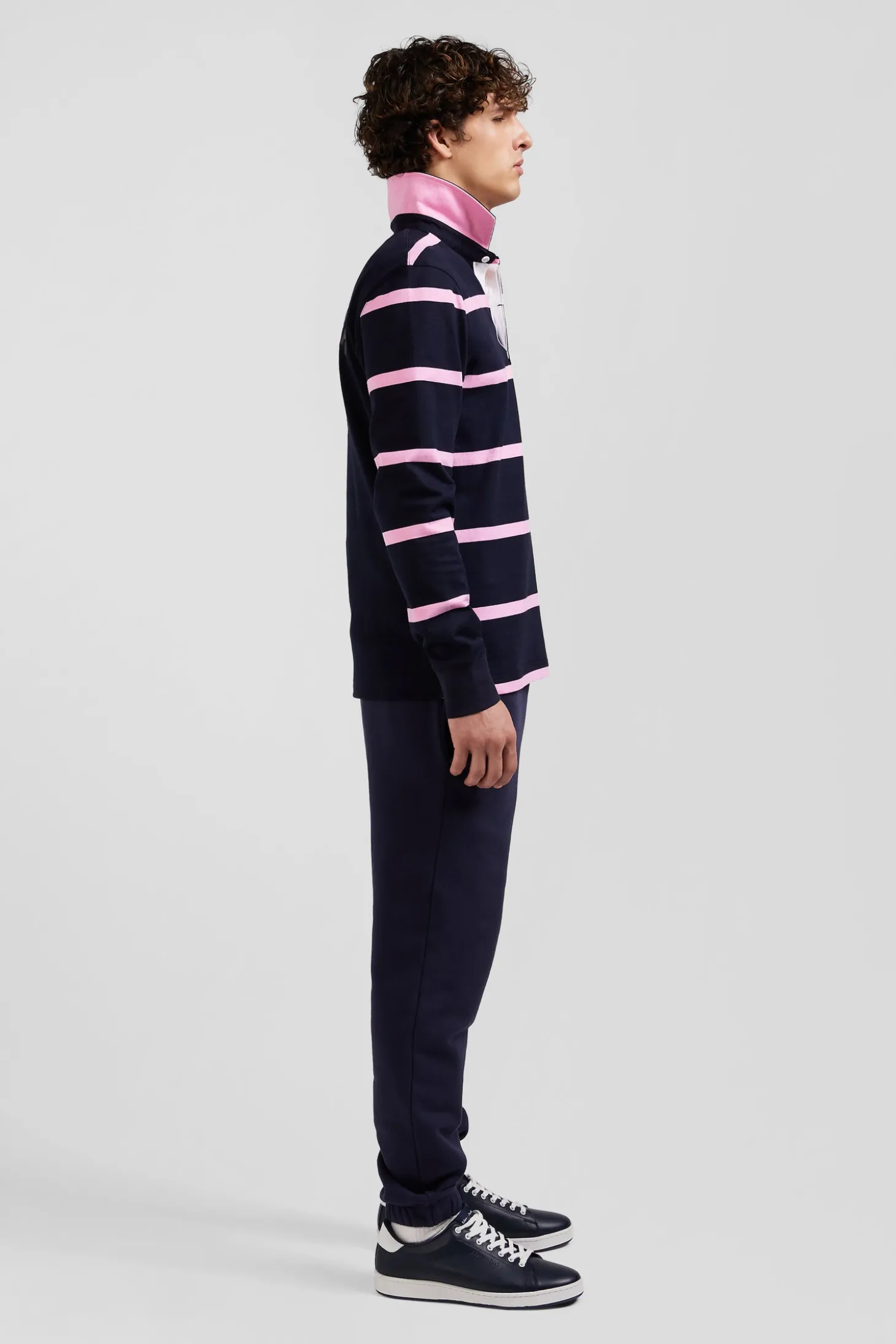 Regular navy blue striped long-sleeved cotton rugby shirt with back embroidery