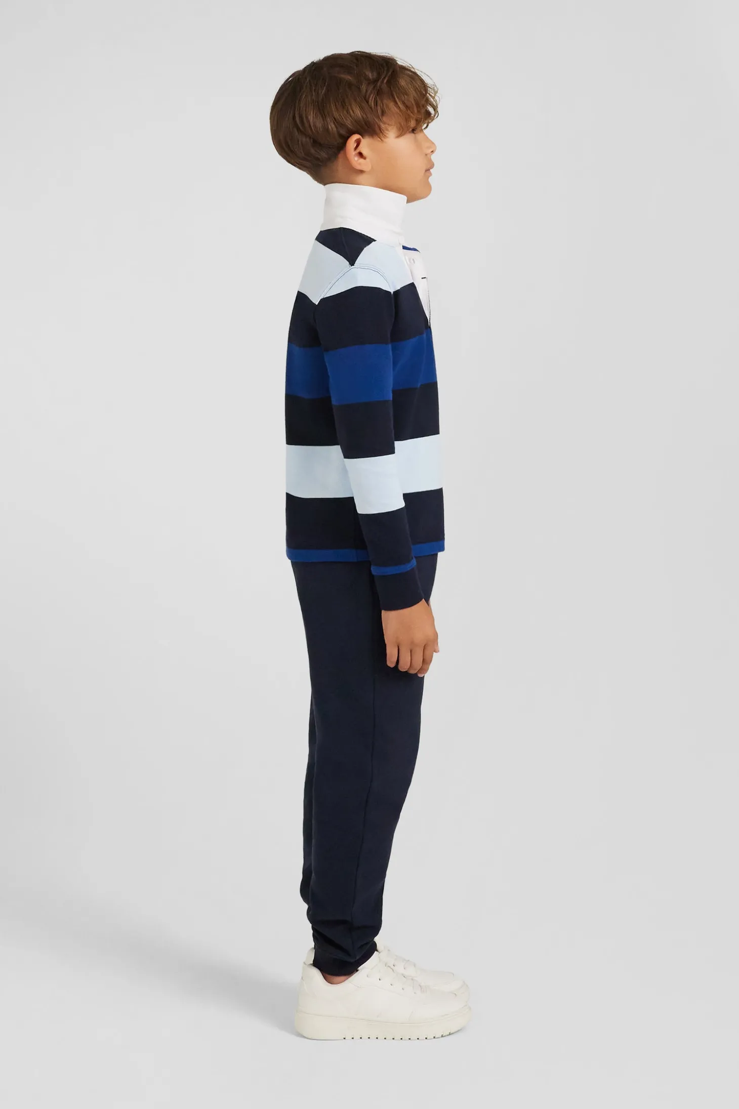 Regular navy blue striped long-sleeved cotton rugby shirt