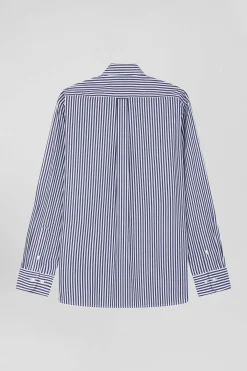 Regular navy blue striped cotton poplin shirt