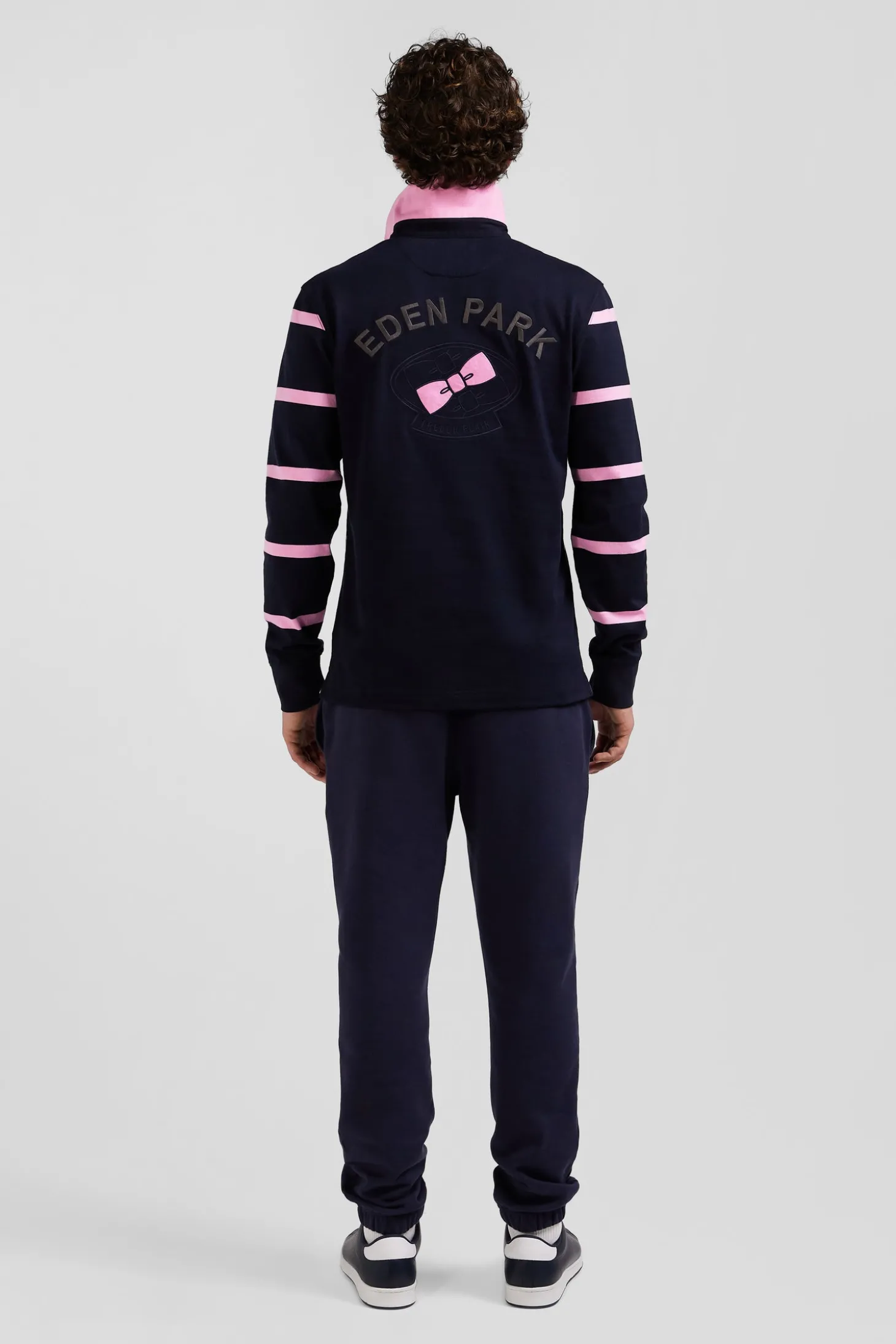 Regular navy blue striped long-sleeved cotton rugby shirt with back embroidery