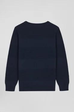 Regular navy blue striped cotton crew neck jumper
