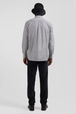 Regular navy blue striped cotton jacquard shirt
