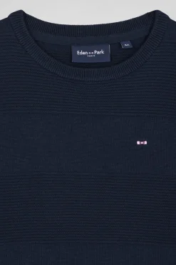 Regular navy blue striped cotton crew neck jumper