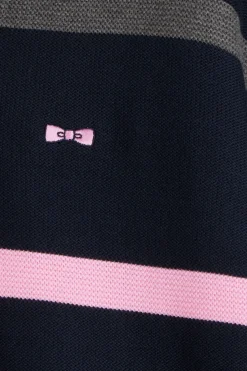 Regular navy blue striped cotton polo neck jumper