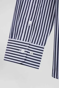 Regular navy blue striped cotton poplin shirt