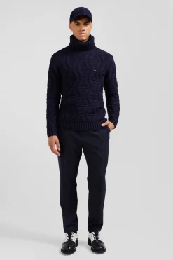 Regular navy blue virgin wool and recycled polyamide turtleneck jumper with 3D knitting