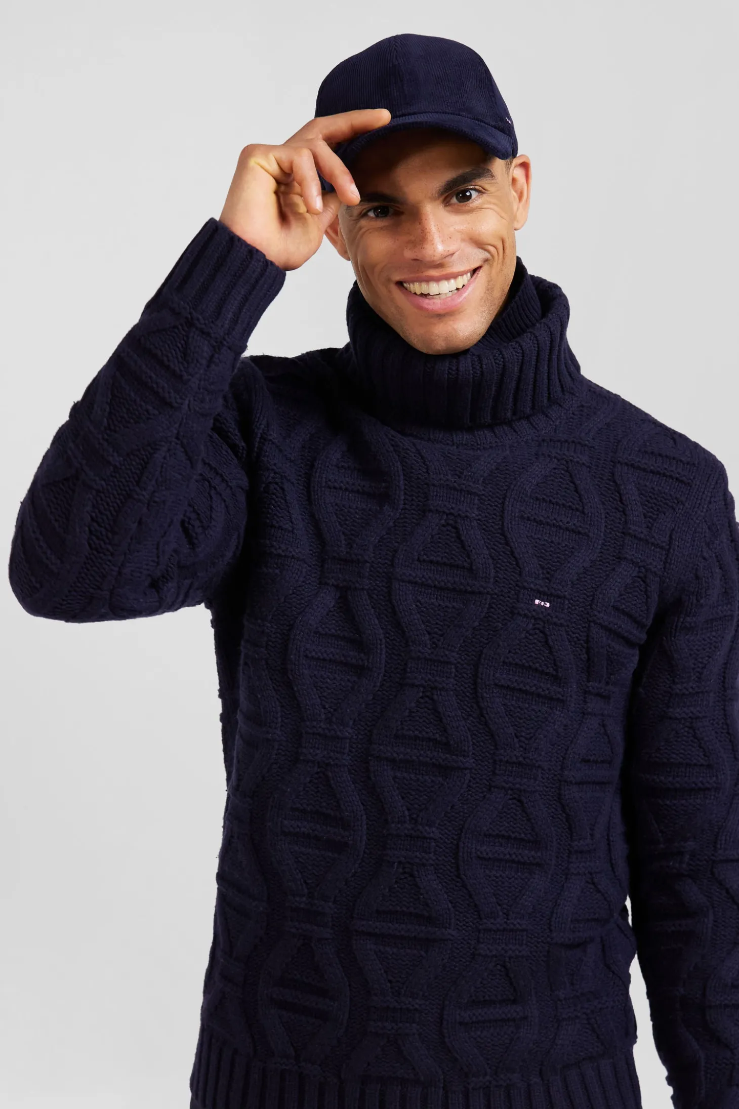 Regular navy blue virgin wool and recycled polyamide turtleneck jumper with 3D knitting