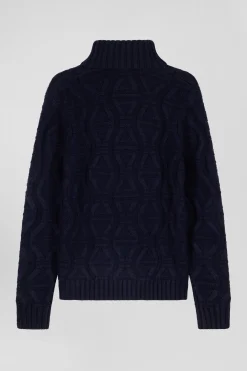 Regular navy blue virgin wool and recycled polyamide turtleneck jumper with 3D knitting