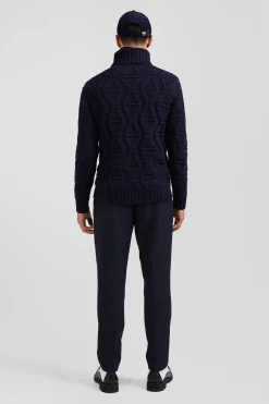 Regular navy blue virgin wool and recycled polyamide turtleneck jumper with 3D knitting