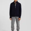 Regular navy blue wool and cotton high collar zipped cardigan