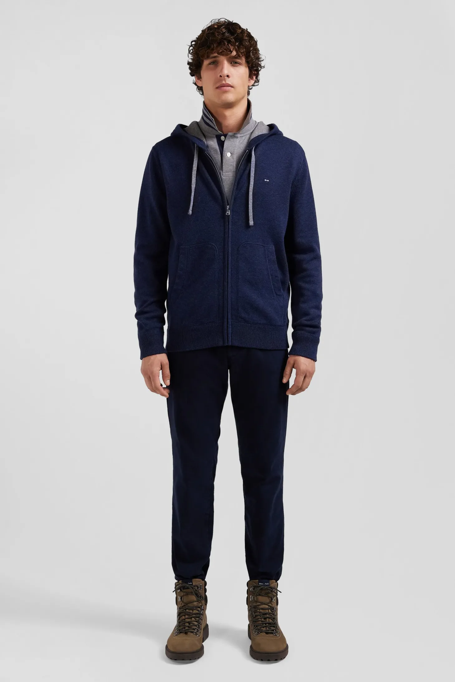 Regular navy blue wool and cotton knitted zip-up jumper