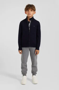 Regular navy blue wool and cotton high collar zipped cardigan
