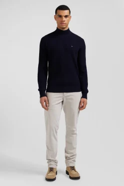 Regular navy blue wool and cotton high-neck jumper