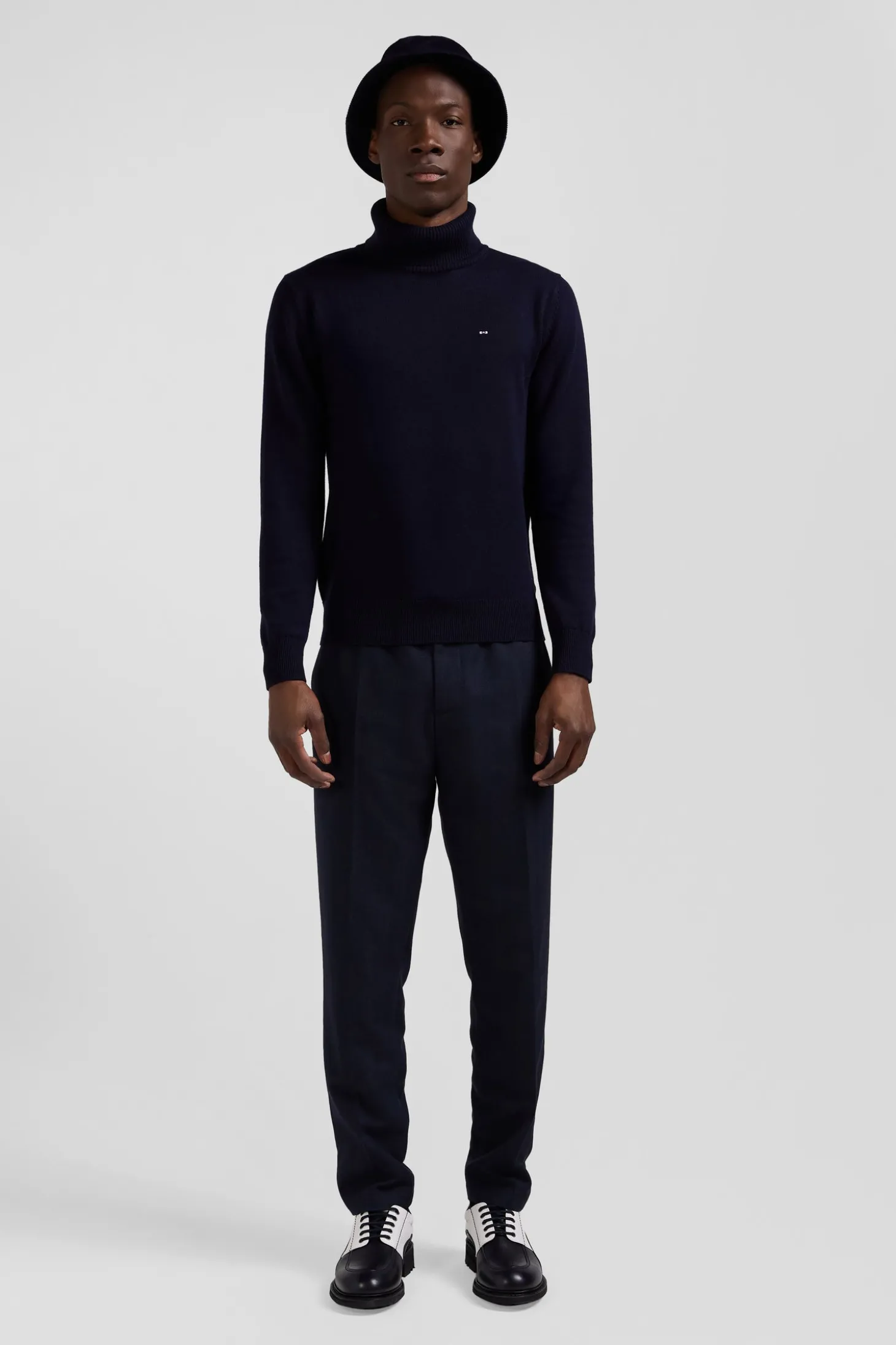 Regular navy blue wool and cotton turtleneck jumper