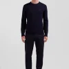 Regular navy blue wool and cotton crew neck jumper