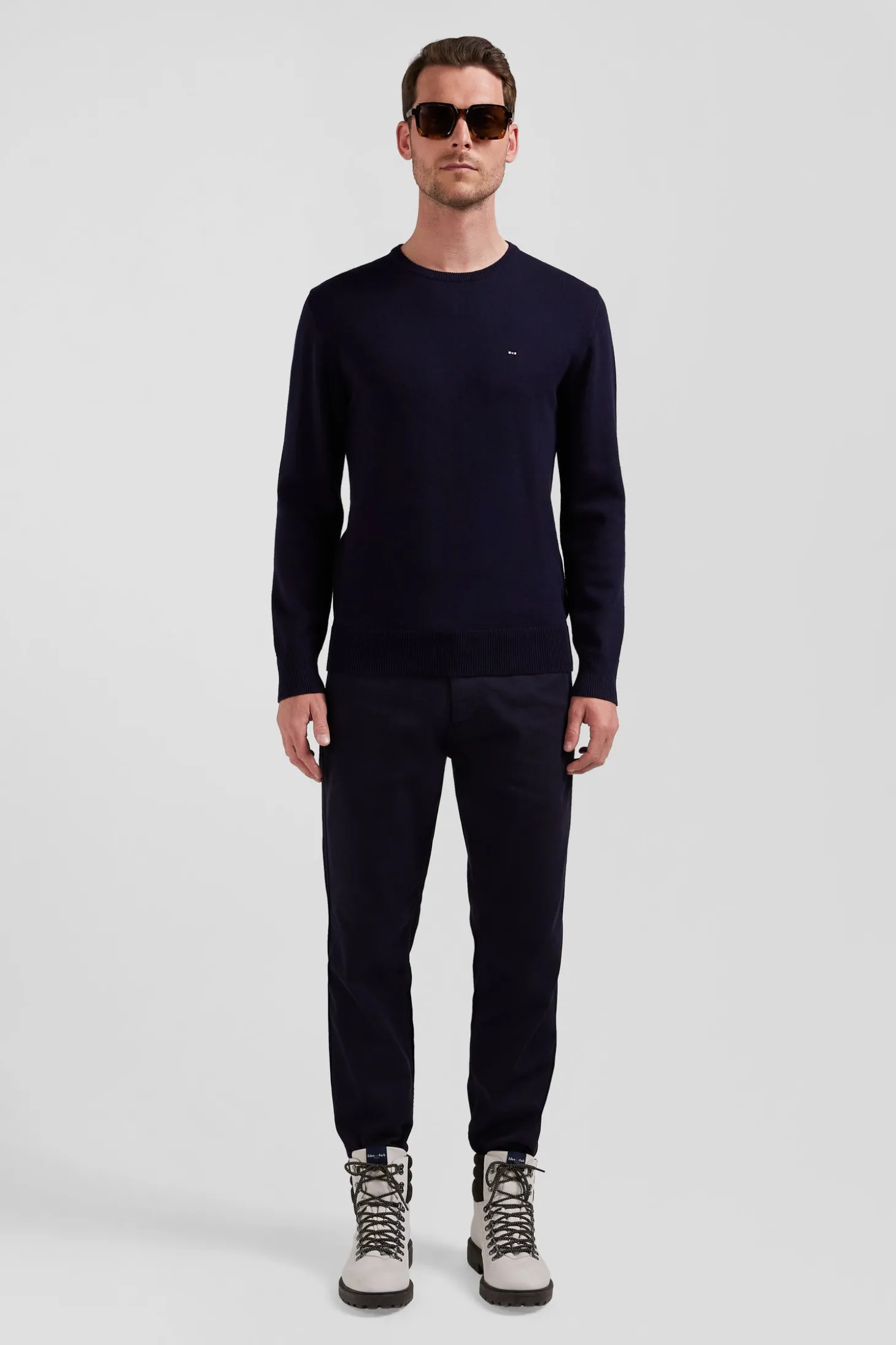 Regular navy blue wool and cotton crew neck jumper