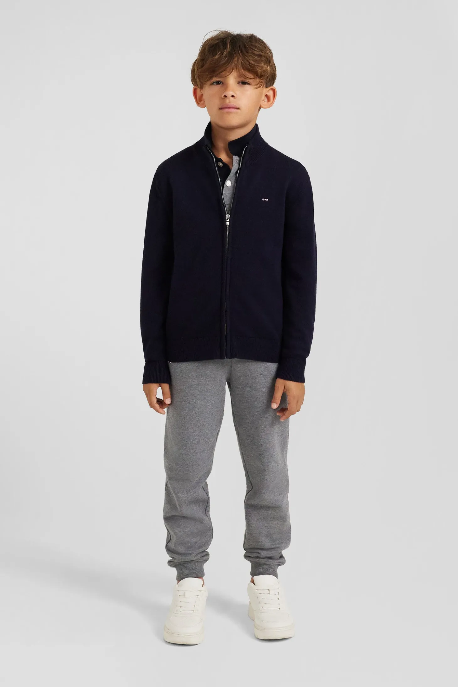 Regular navy blue wool and cotton high collar zipped cardigan
