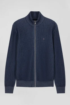Regular navy blue wool and cotton zipped cardigan