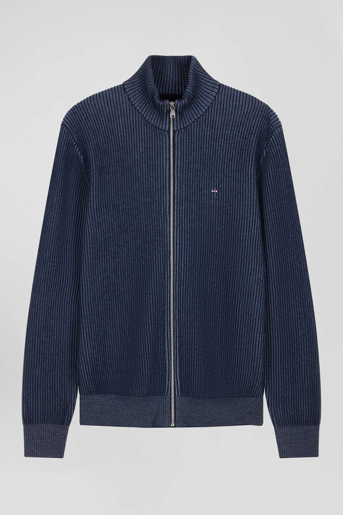 Regular navy blue wool and cotton zipped cardigan
