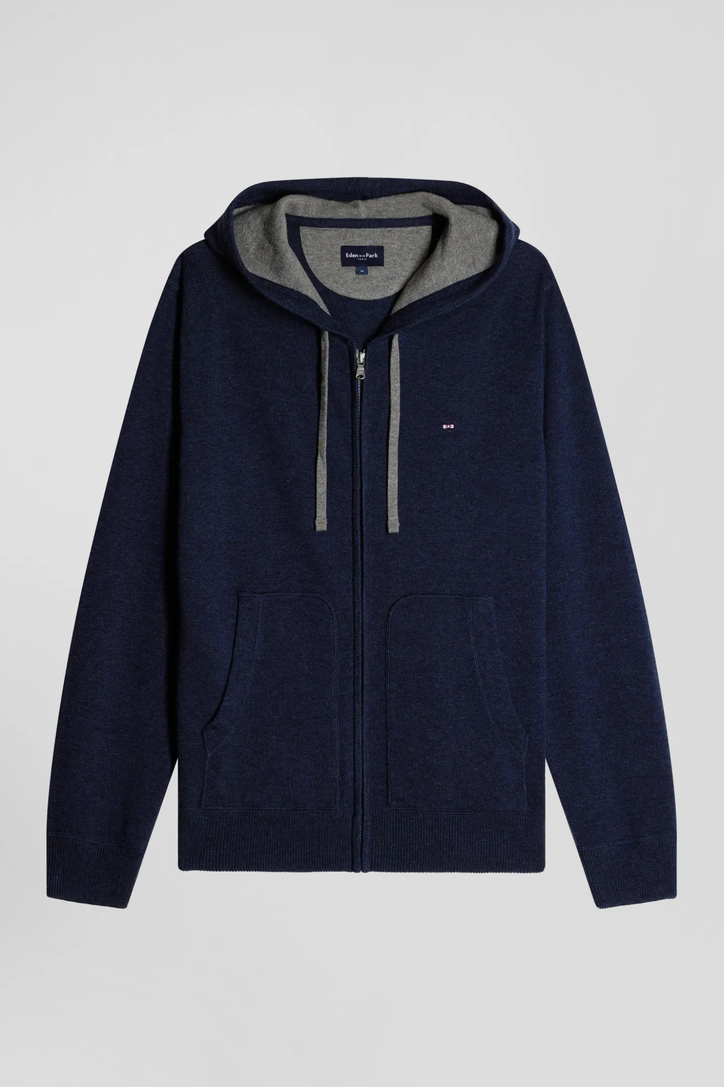 Regular navy blue wool and cotton knitted zip-up jumper