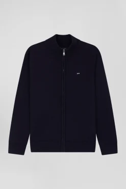 Regular navy blue wool and cotton high collar zipped cardigan