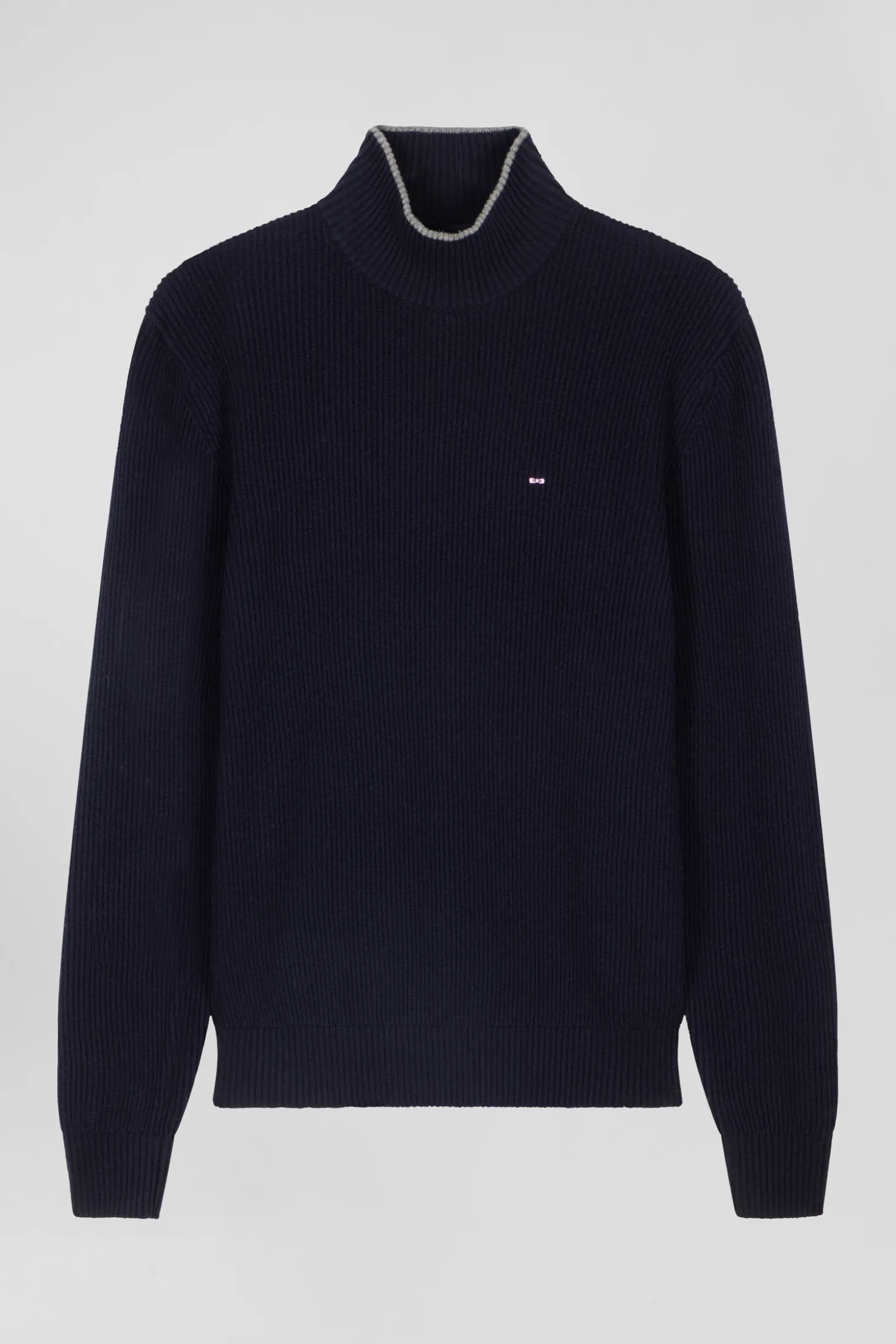 Regular navy blue wool and cotton high-neck jumper