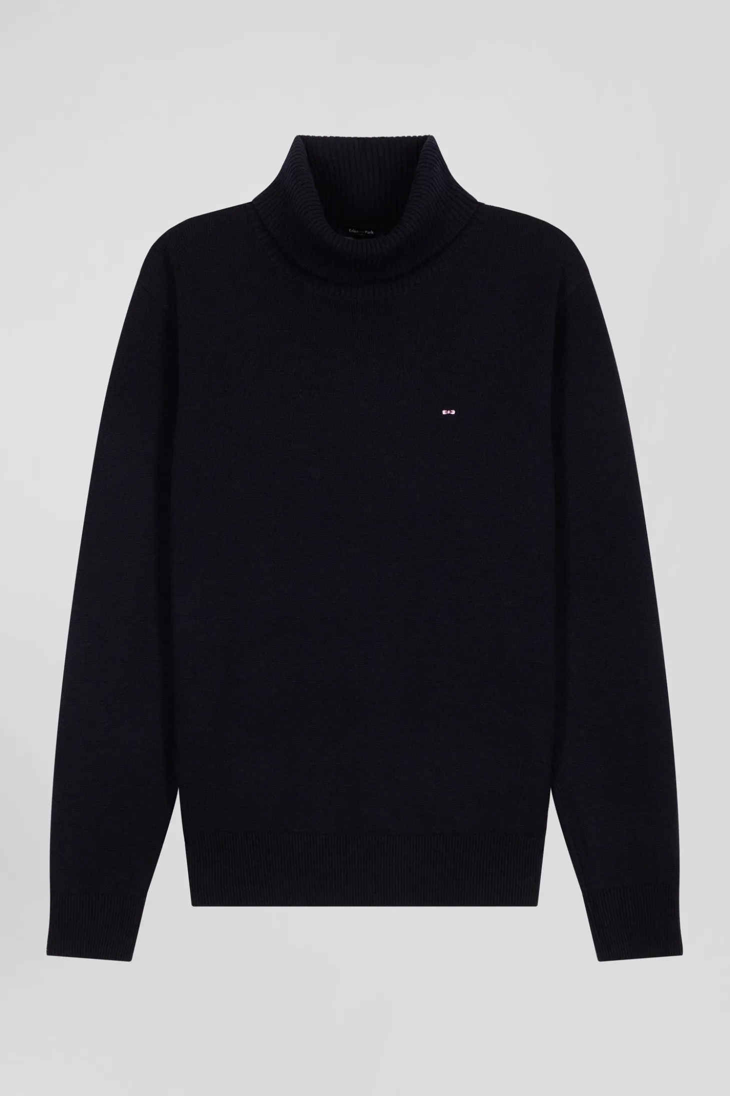 Regular navy blue wool and cotton turtleneck jumper
