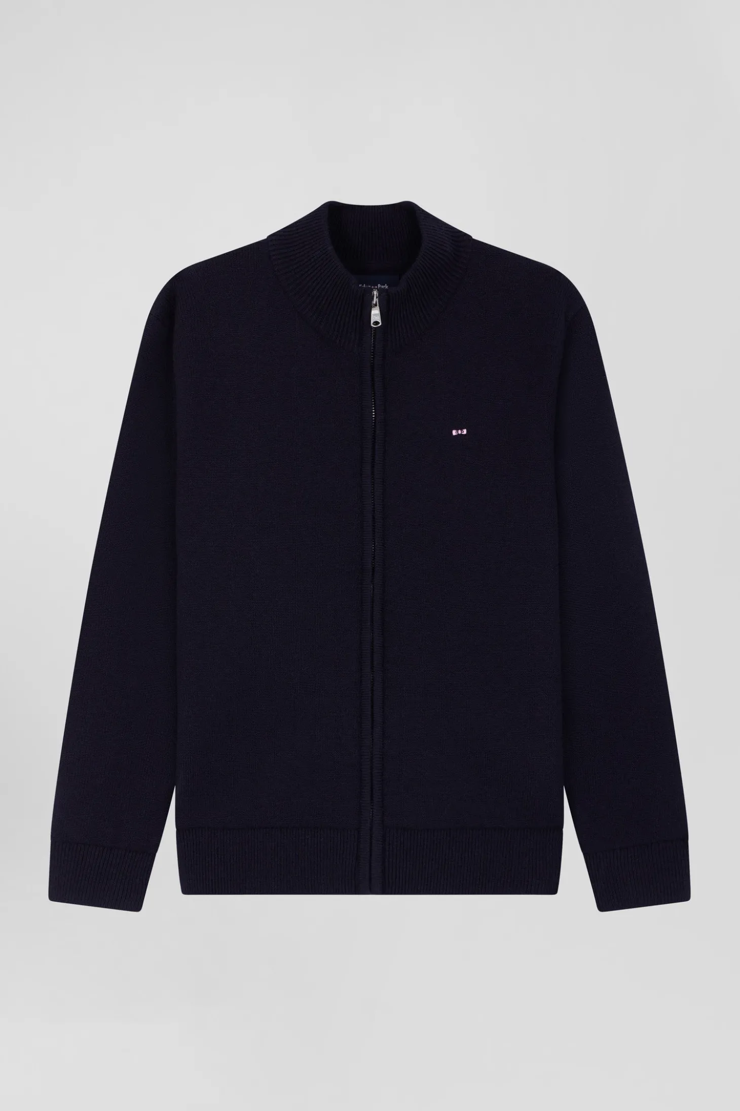 Regular navy blue wool and cotton high collar zipped cardigan