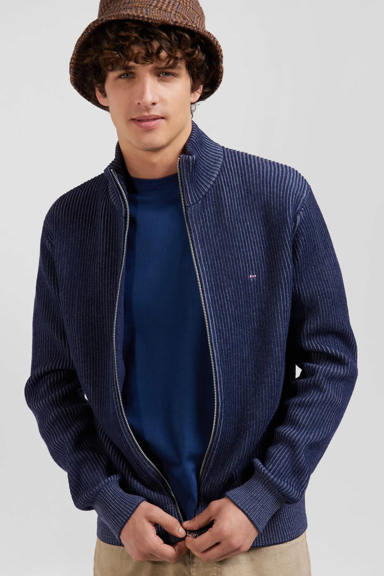 Regular navy blue wool and cotton zipped cardigan