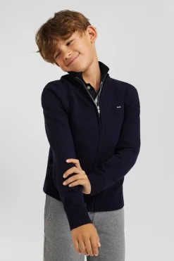 Regular navy blue wool and cotton high collar zipped cardigan