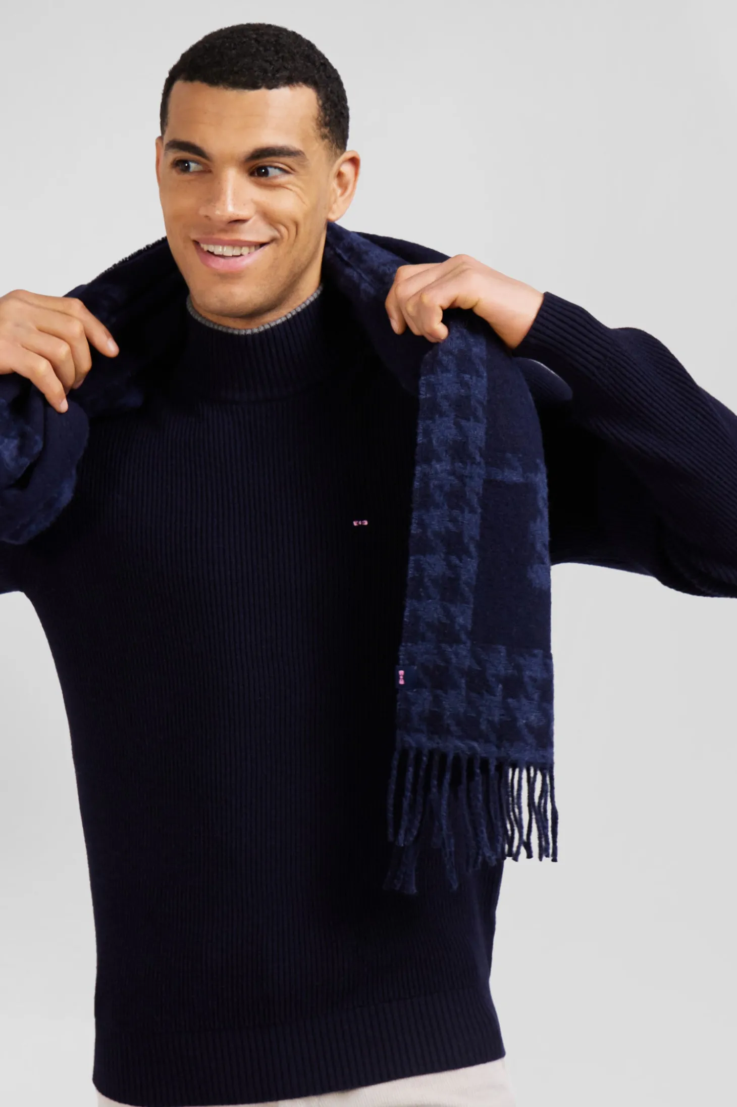Regular navy blue wool and cotton high-neck jumper