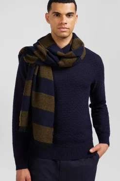 Regular navy blue wool and cotton crew neck jumper with micro bow tie effect