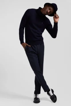 Regular navy blue wool and cotton turtleneck jumper