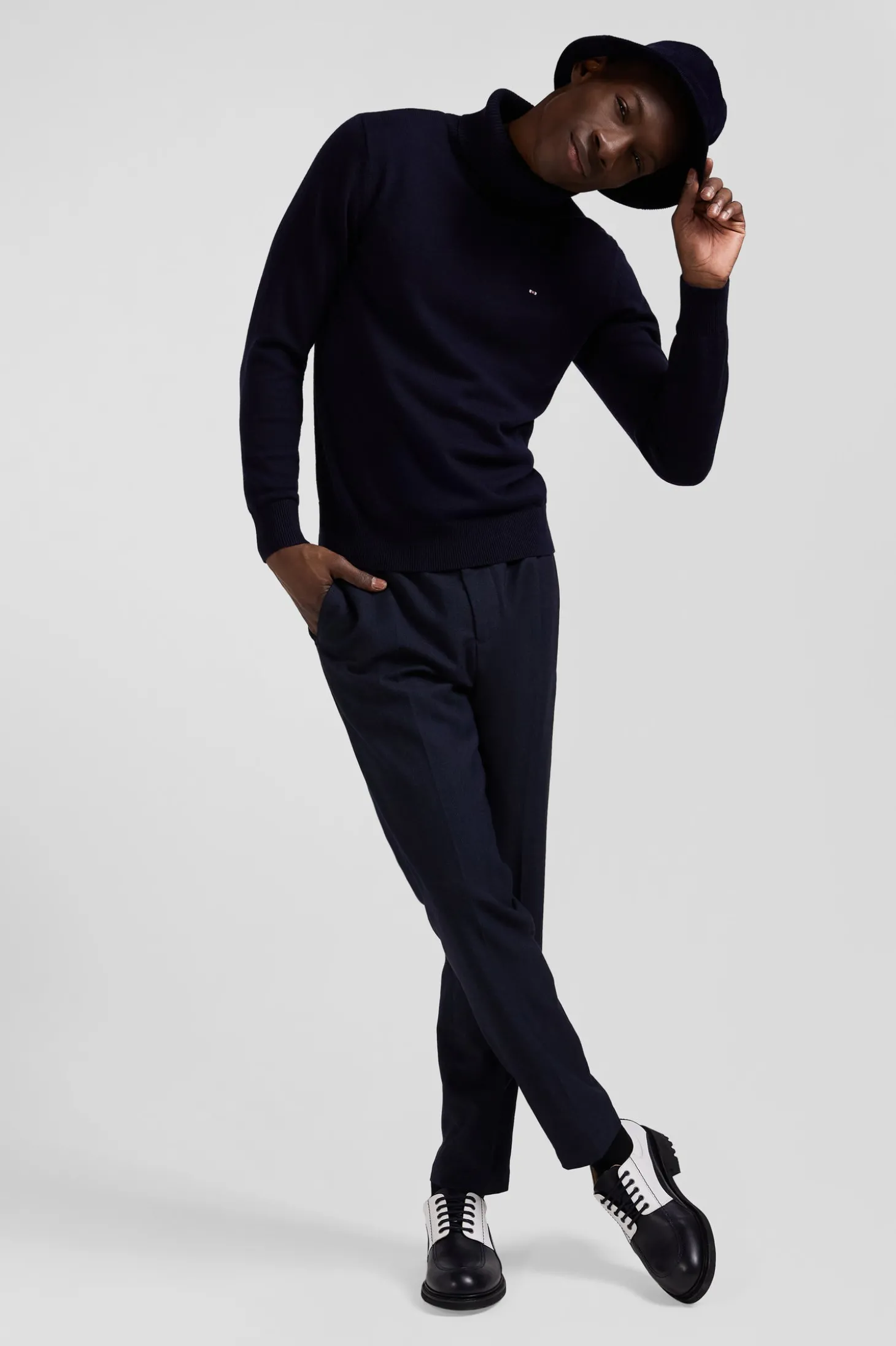 Regular navy blue wool and cotton turtleneck jumper