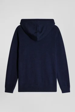 Regular navy blue wool and cotton knitted zip-up jumper