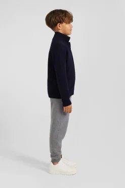 Regular navy blue wool and cotton high collar zipped cardigan