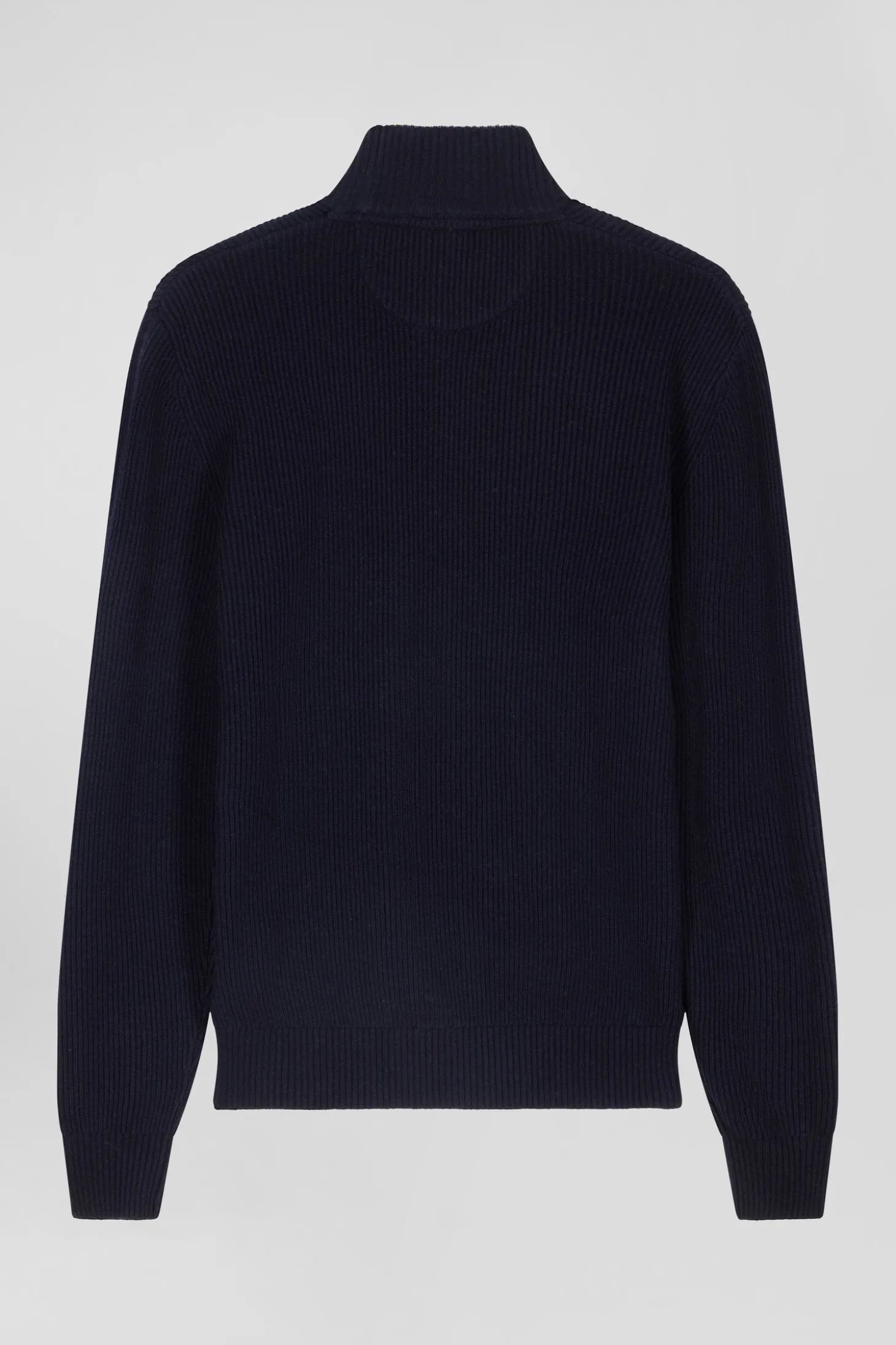 Regular navy blue wool and cotton high-neck jumper
