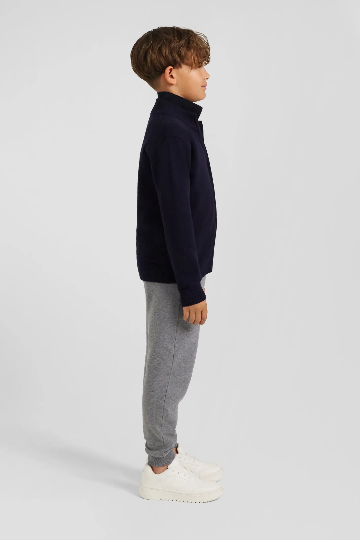 Regular navy blue wool and cotton high collar zipped cardigan