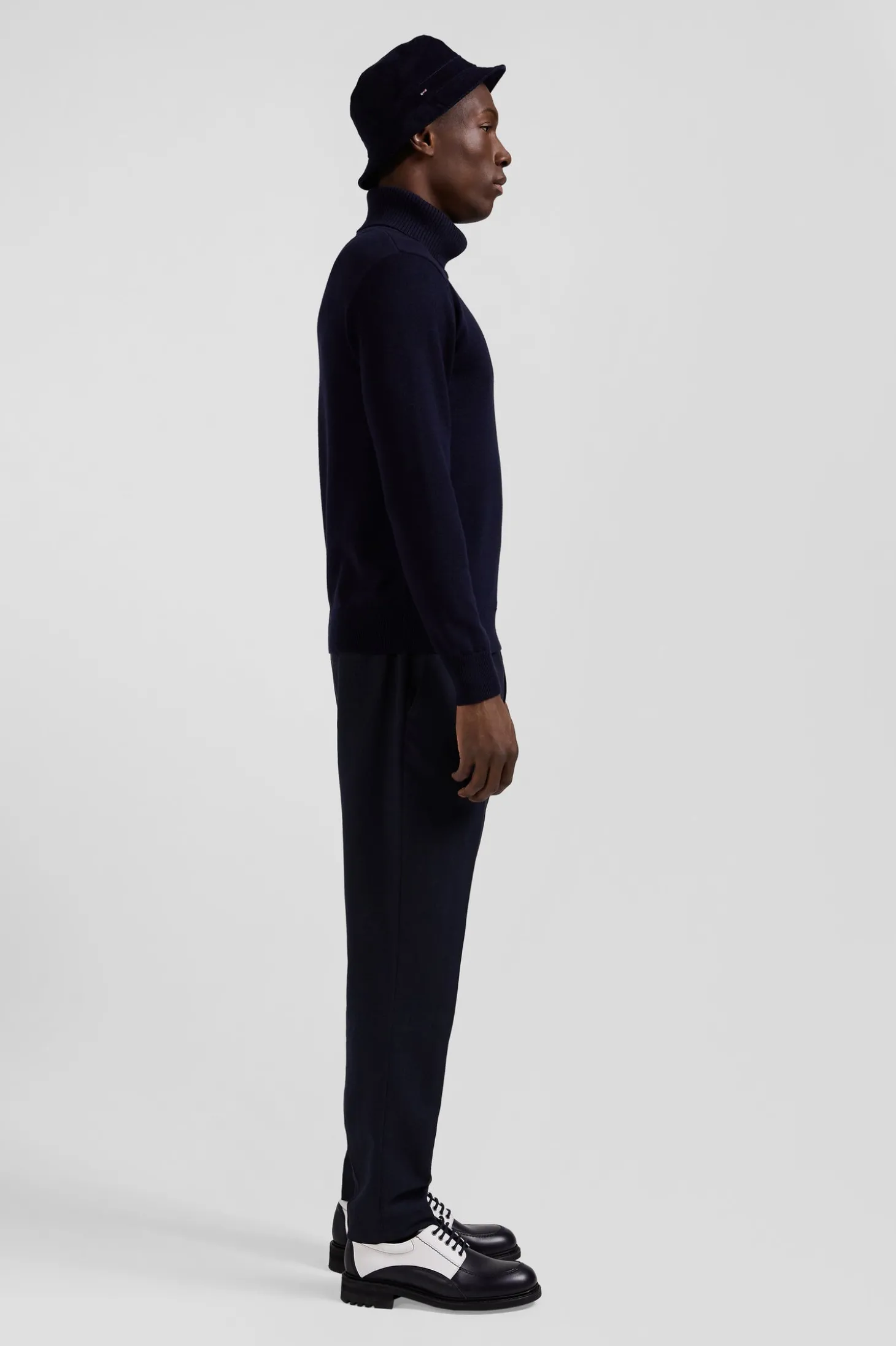 Regular navy blue wool and cotton turtleneck jumper