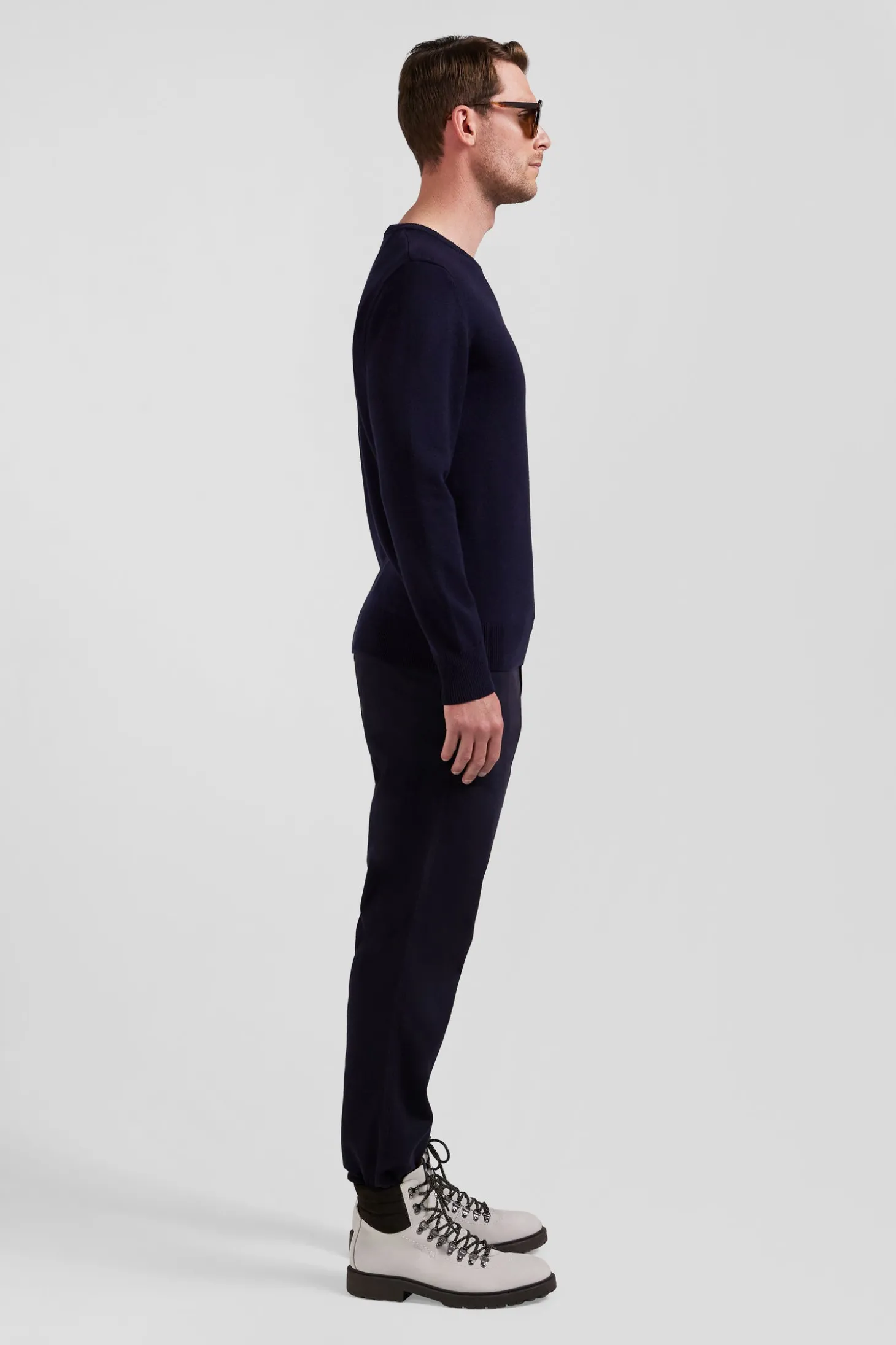 Regular navy blue wool and cotton crew neck jumper