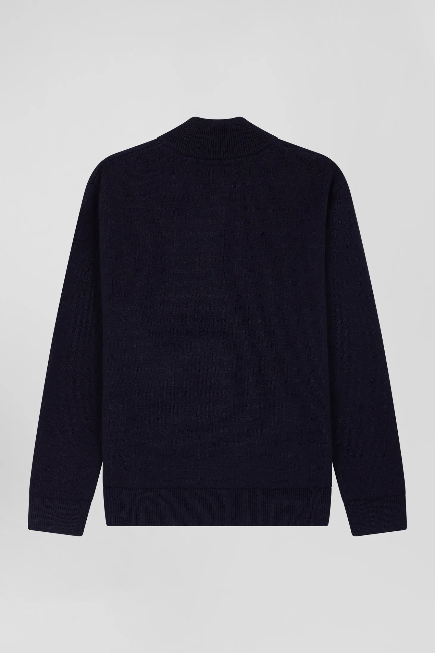 Regular navy blue wool and cotton high collar zipped cardigan