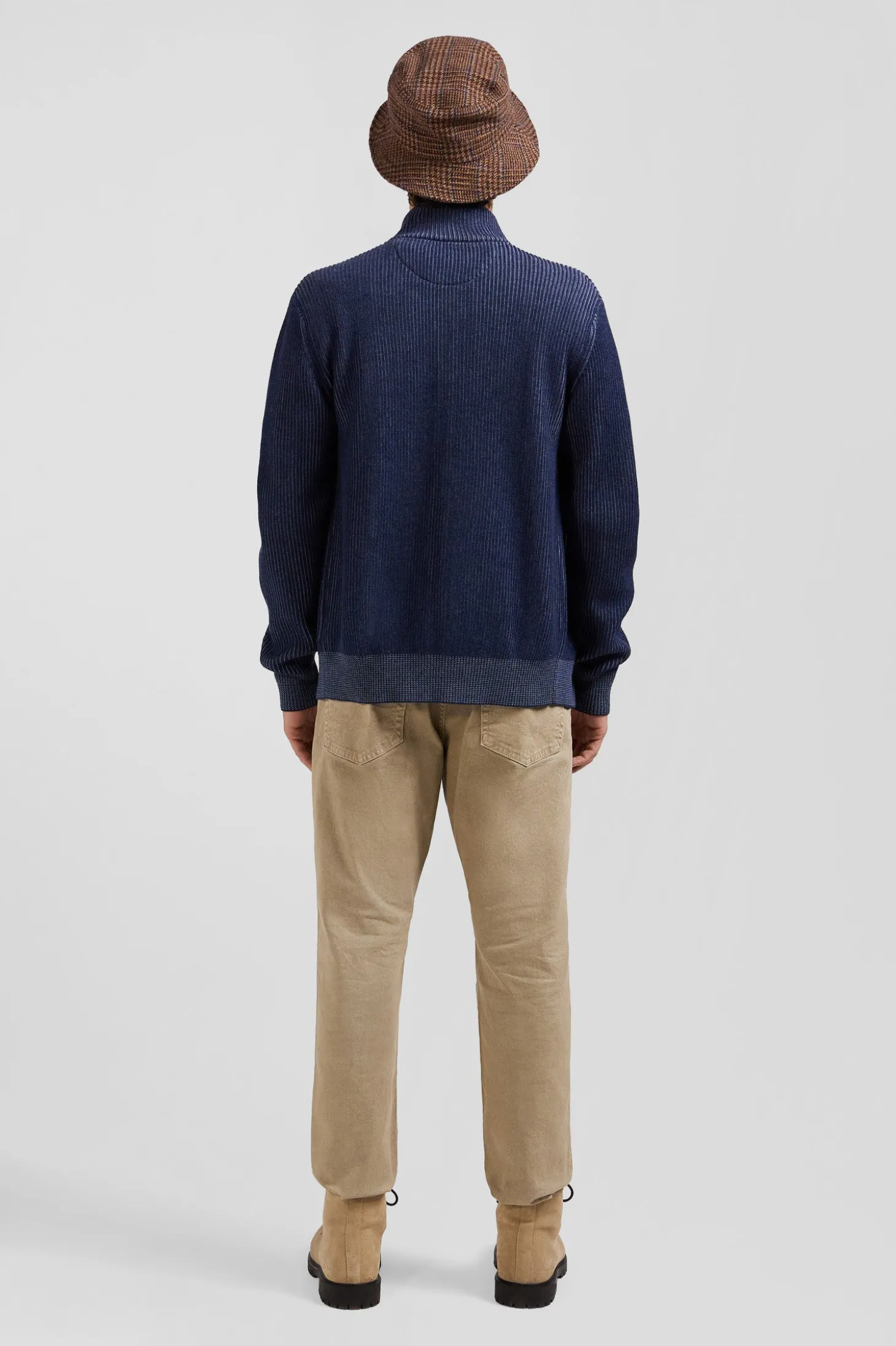 Regular navy blue wool and cotton zipped cardigan