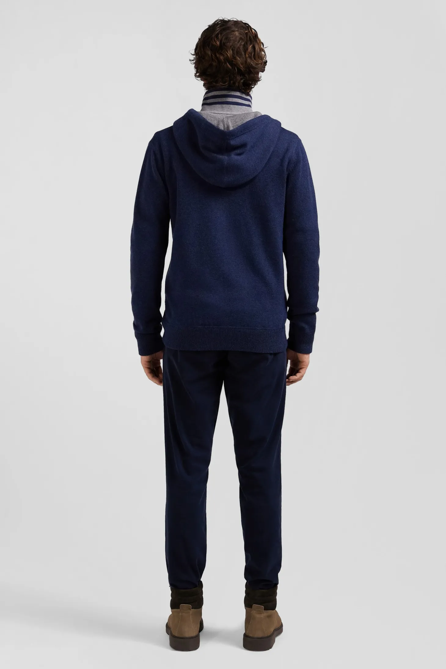Regular navy blue wool and cotton knitted zip-up jumper