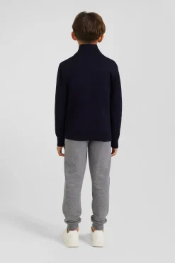 Regular navy blue wool and cotton high collar zipped cardigan
