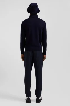 Regular navy blue wool and cotton turtleneck jumper