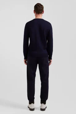 Regular navy blue wool and cotton crew neck jumper