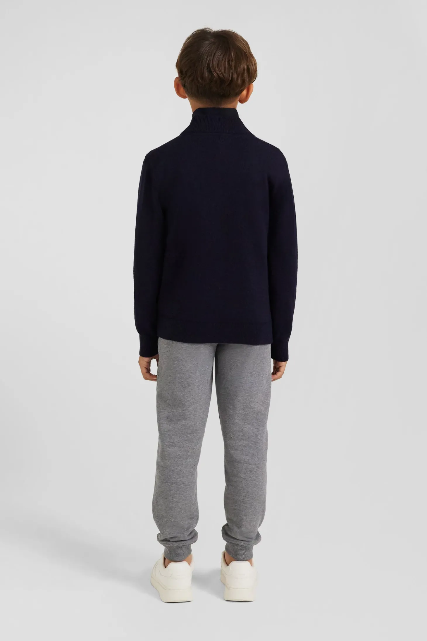 Regular navy blue wool and cotton high collar zipped cardigan