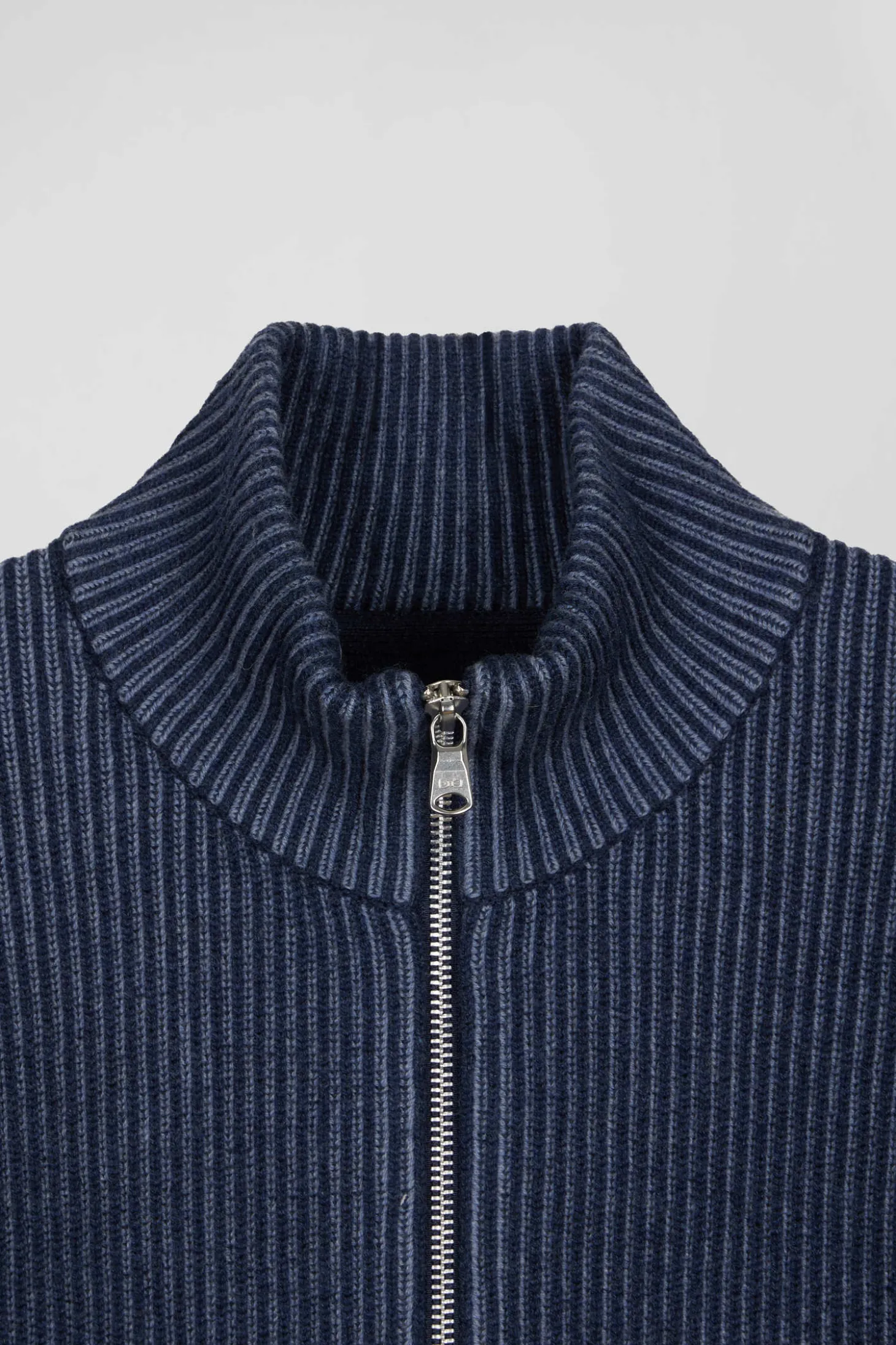 Regular navy blue wool and cotton zipped cardigan
