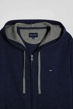 Regular navy blue wool and cotton knitted zip-up jumper